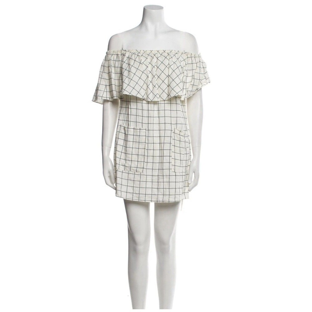 Reformation Off Shoulder Ruffle Tennessee Mini Dress Windowpane Check Linen (XS)